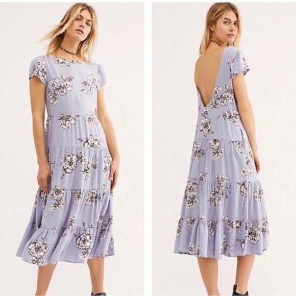 FREE PEOPLE PERIWINKLE RITA TIERED PLUNGE BACK MIDI DRESS - Picture 1 of 16